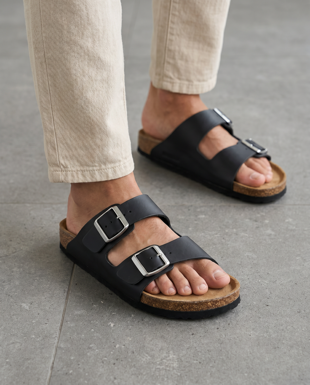 Lacta Men's Sandals Black worn on foot, real-life lifestyle photo