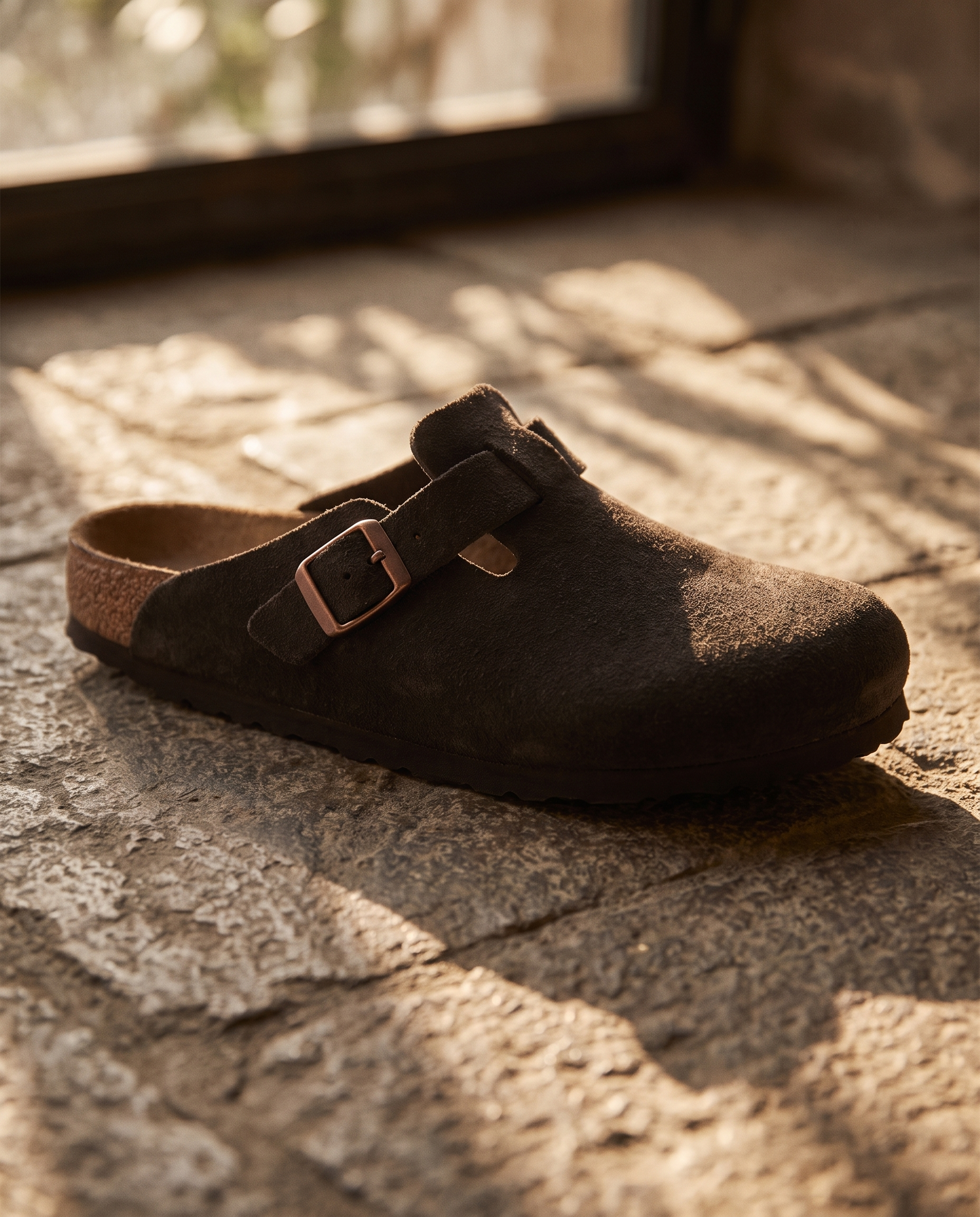 Lacta Clogs Espresso Suede Clog shown on stone paver in real-life lifestyle setting