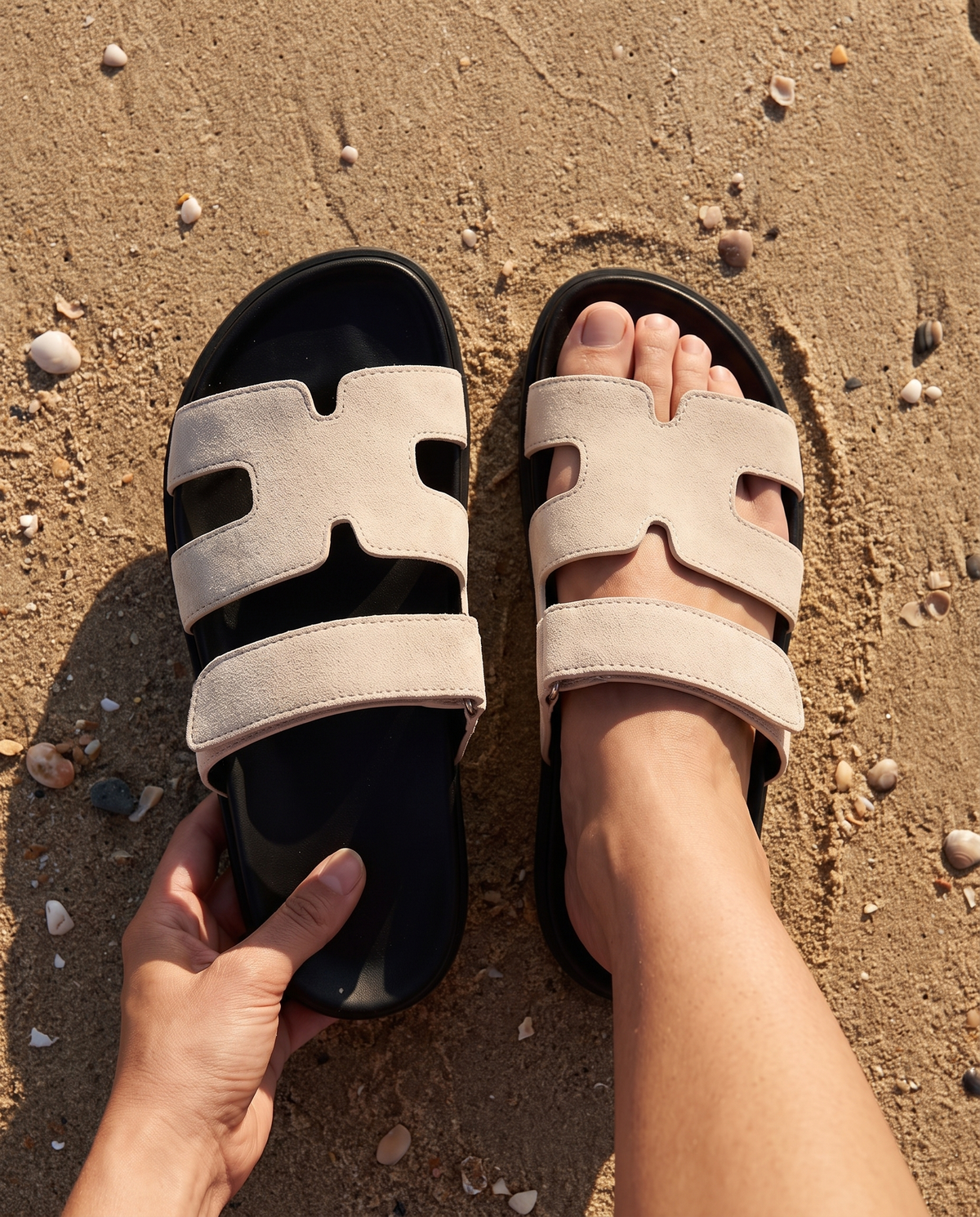 Lacta Slides Sand worn on foot at the beach, real-life lifestyle photo